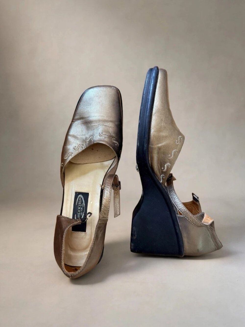 Bronze Metallic Leather Wedge Slingback Shoes Size 8 NEW